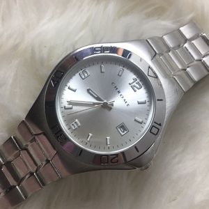 Mens chrome brand silver tone watch with date